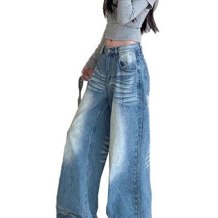 Summer 2025 Washed Vintage Distressed Blue Jeans for Women, High-Waisted Versatile Wide-Leg Pants, Floor-Length Pants