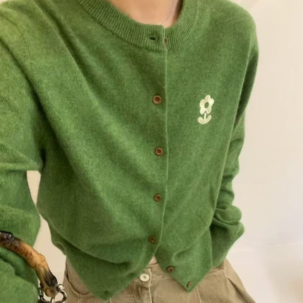 Korean Fashion Casual Green Tops for Women 2025 Autum Round Neck Embroidered Sweater Jacket Long-Sleeved Knitted Cardigan for Women