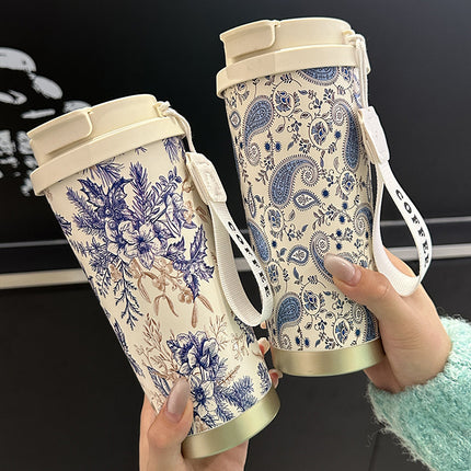 Factory Blue and White Porcelain Stainless Steel Overlord Tea Queen Flower Language Series Coffee Cup Portable Double Drinking Cup with Good Appearance