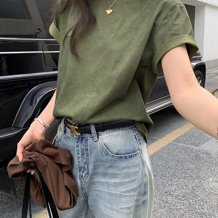 American Retro Forest Style New Round Neck Short-Sleeved T-Shirt Women's Spring Loose Military Green Versatile Simple Top