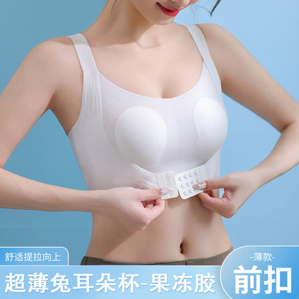Summer Ultra-Thin Front-Closure Seamless Jelly Bunny Ear Cup Bra for Women with Large Busts, Minimizing and Gathering, Anti-Sagging Bra for Women