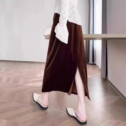 Velvet Skirt Women's Thickened Autumn and Winter 2024 New Style Hip-Hugging Skirt Mid-Length High-Waisted Straight Skirt Mid-Length Skirt