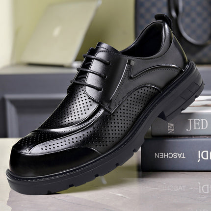Men's Casual Leather Shoes Popular Lace-Up Round Toe Thick Sole Big Head Brown Fashion British Versatile Business Formal Men's Shoes