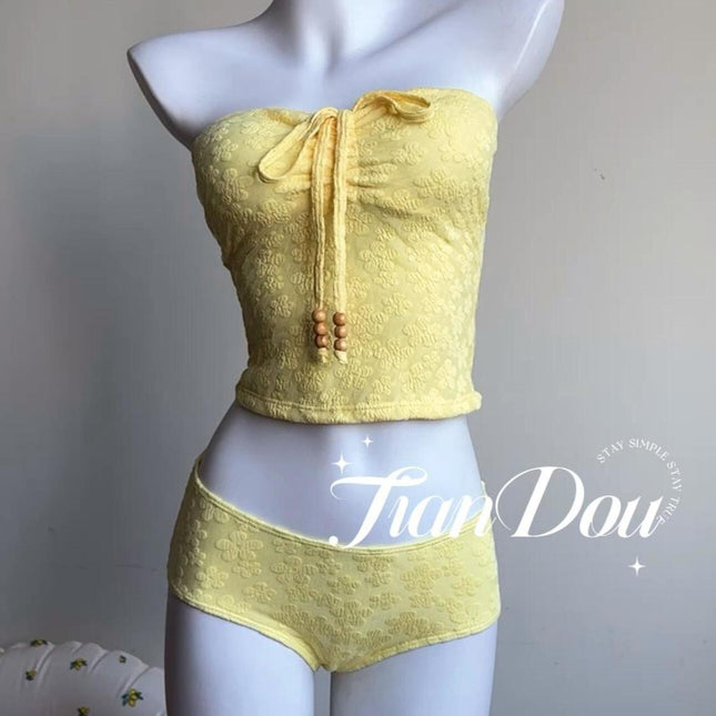 [Lemon Grass] Vacation Beach Colorful Tube Top Beach Hot Spring Swimsuit Bikini Three-Piece Set Pure Desire Dopamine