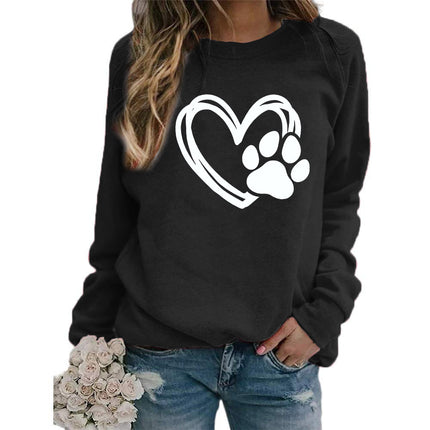 Cross-border Foreign Trade Supply Dog Feet Love Printed Round Neck Jacket Women's Long Sleeve European Size plus size Loose