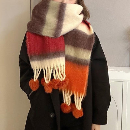 New Colorful Striped Scarf for Women, Winter High-End Thickened Warm Colorful Pom-Pom Versatile Neck Warmer Dopamine Trend