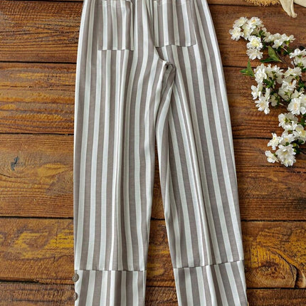 Cross-border independent station ladies casual striped trousers with decorative buttons and split design