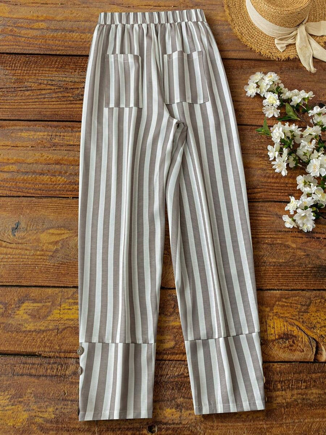 Cross-border independent station ladies casual striped trousers with decorative buttons and split design