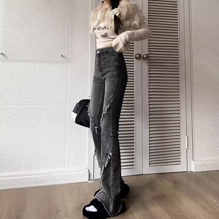 Black Grey Weakly Lamb Jeans Women's Trendy All-match New High Waist Slim-fit Rust Design Sense Horseshoe Trumpet Long Pants
