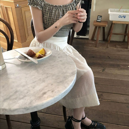 Neurz Summer Beige Glossy Clear High-Waisted French Umbrella Skirt Mid-Skirt Women's Summer Thin Half Skirt