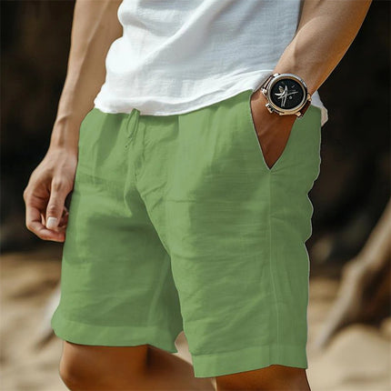 New Cross-Border Cotton and Linen Shorts with Drawstring Elastic Waist, Straight-Leg, Solid Color, Breathable, Everyday Beach Casual Mid-Length Shorts