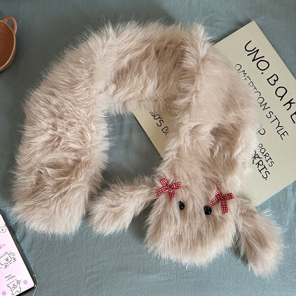 Cute Cartoon Dog Plush Scarf Bow Fashion Solid Color All-match Scarf Women's Furry Autumn and Winter Warm