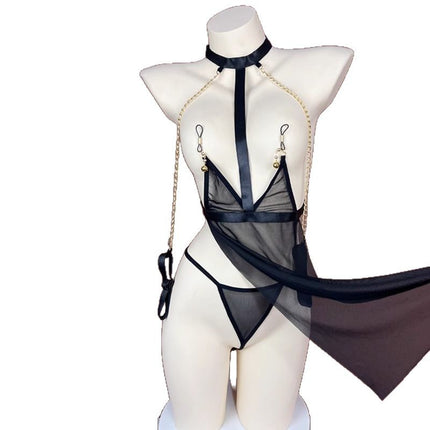 Sexy Lingerie Sexy Black Mesh See-Through Uniform Temptation Passion Free Adult Bed Halter Skirt Suit for Women
