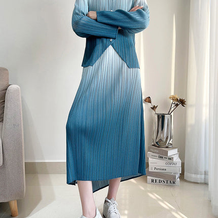 Miyake Pleated Women's Clothing with a Complete Set of Clothes, Feminine Gradient Jacket, Pleated Skirt Two-Piece Set