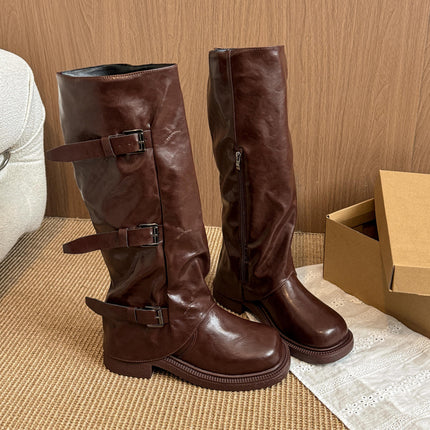 Belt Buckle Fashion Boots for Women 2025 New British Style Straight Fashion Elegant Knee-High Boots Fashion Boots Trend