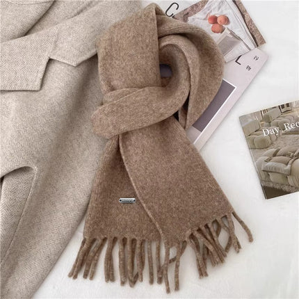 Winter Retro High-end All-match Solid Color Scarf Student Women's Thickened Warm Long Cyber Celebrity Scarf Fashion Tassel
