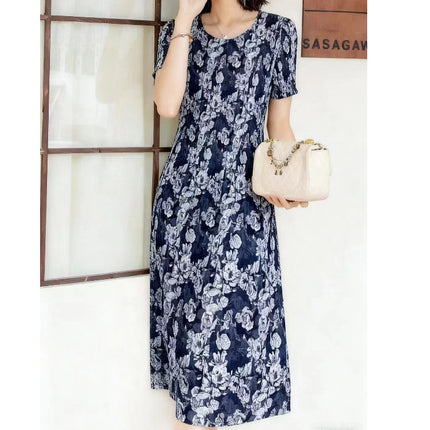 Miyake pleated 2025 summer new temperament round neck printed pleated skirt fashion waist thin magic dress