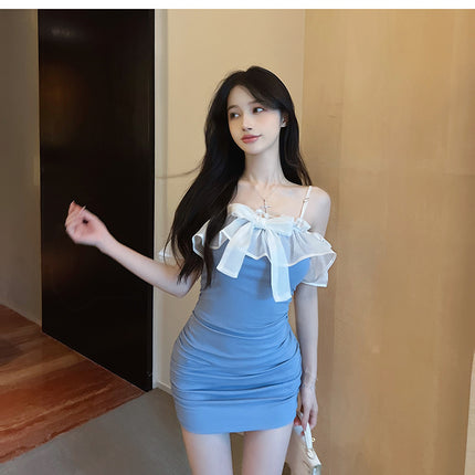 Summer New Style Mini Dress with One-Shoulder Straps and Bow, Elegant Design with a Socialite Vibe 7171