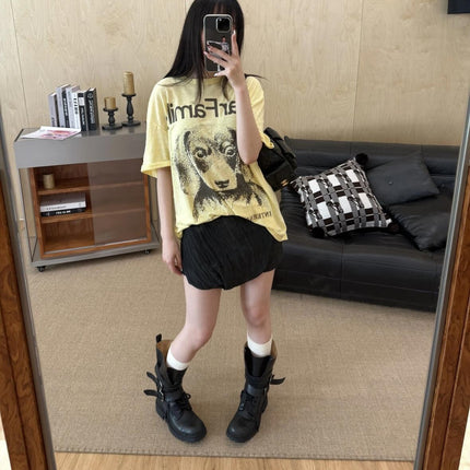 Spot Korean Niche 25 Summer New Style American Retro Lazy Style Loose Dog Print Round Neck Short-Sleeved T-Shirt