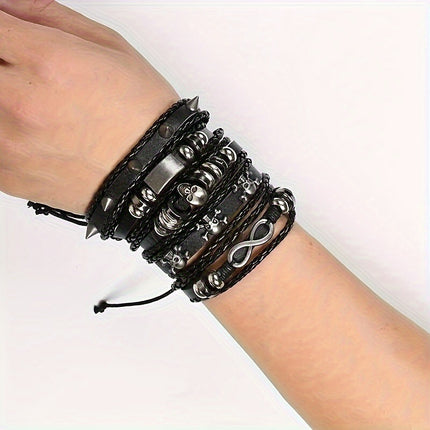 Cross-border European and American Men's Woven Leather Bracelet suit Multi-layer Skull Head Unlimited Symbol Bracelet Leather Bracelet