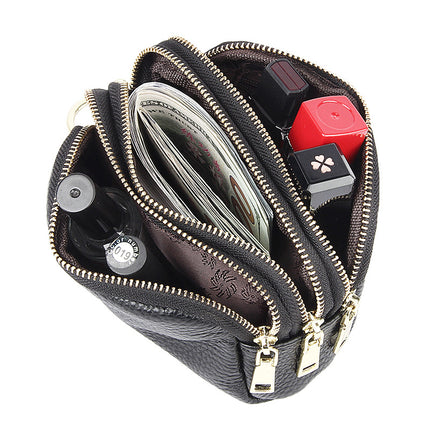 European and American First-Layer Cowhide Simple and Fashionable Mini Clutch Bag Three-Zip Coin Bag Key Coin Purse Genuine Leather