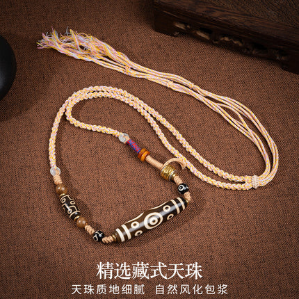 Natural Xizang Yellow Nine-Eyed Dzi Bead Necklace Multi-Totem Agate Pendant Couple Style Braided Necklace Ready for Sale