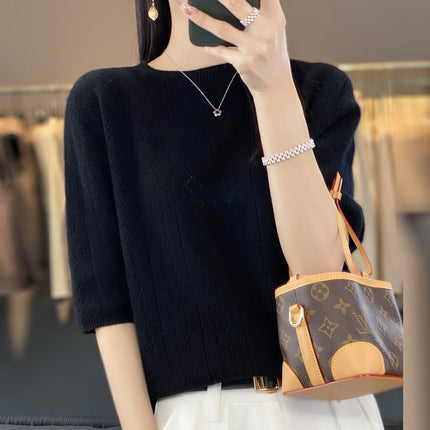 23 woolen sweater women's round neck short sleeve knitted bottoming shirt half sleeve hollow-out design top wholesale