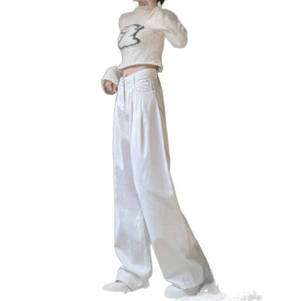White High Waist Straight Jeans Women's Fashionable All-match Korean Style Pleated Design Sense Loose Slimming Pants