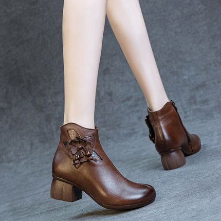Genuine Leather Boots for Women 2025 Autumn and Winter New Style Thick Heel Soft Sole Fleece-Lined and Cotton Short Boots First Layer Cowhide Flower Women's Boots