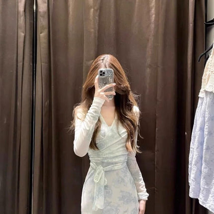 French Green v Neck Floral Mesh Long-sleeved Dress Women's Cardigan Sense Slim Waist Elegant Two-piece Set