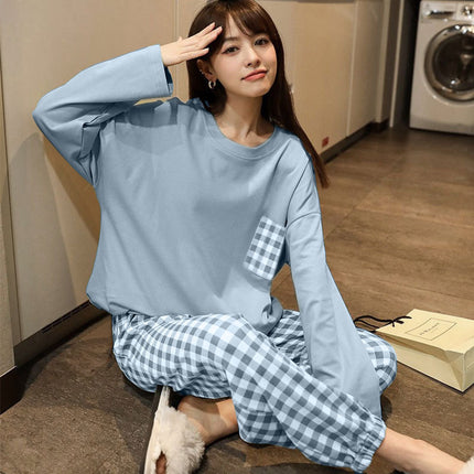 Factory wholesale live fashion spring and autumn cotton pajamas women's cute simple wind long sleeve trousers home clothes suit