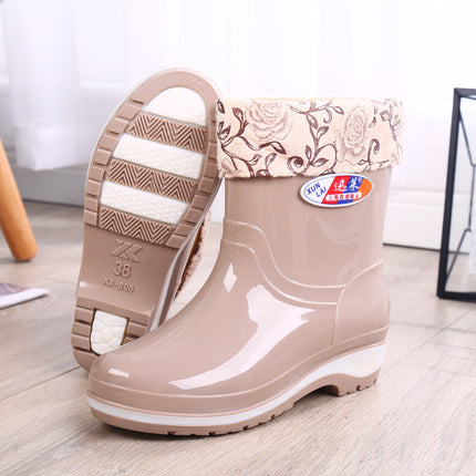 Rain Boots women's non-slip short water shoes fashion warm water boots adult low rubber shoes fleece-lined rain boots one-piece delivery
