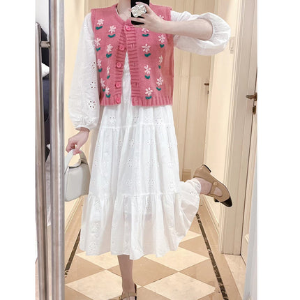 Spring 2023 New Loose Korean Style Sleeveless Knitted Pink Small Flower Sweater Vest White dress suit