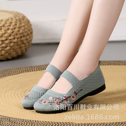 Mother Shoes 2024 Summer Hollow-out Mesh Shoes Polyurethane Middle-aged and Elderly Slip-on Ethnic Style Casual Fly-woven Embroidered Shoes