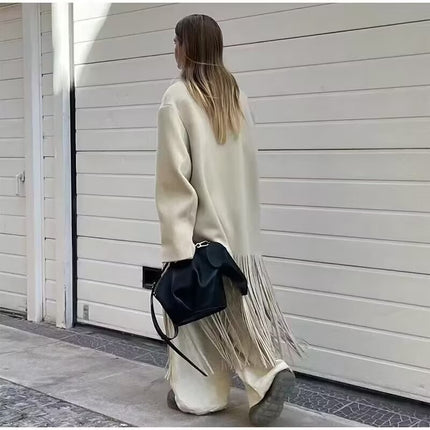 Amazon Cross-Border European and American Autumn and Winter Women's Clothing Foreign Trade British Style Woolen Outwear Tassel Decorative Extended Outwear