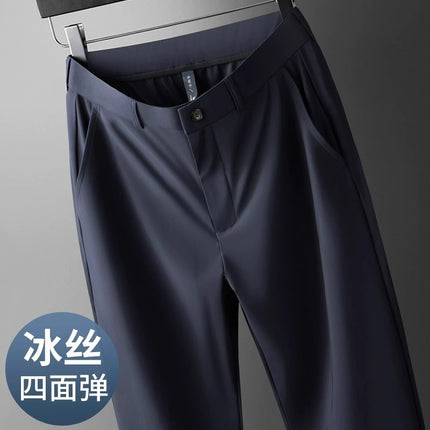 Wholesale men's ice silk trousers new casual pants men's slim-fit high stretch pants men's non-ironing black business men