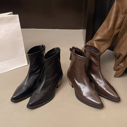 Pointed Toe Short Boots for Women New 2025 Autumn and Winter Women's Boots Medium Heel Short Boots Niche Design Slim Boots Thick Heel Leather Boots