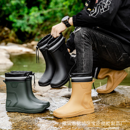 Rain Boots Men's Mid-Calf Water Shoes Waterproof Mouth Drawstring Rubber Shoes Kitchen Takeaway Rider Overshoes Fleece-Lined Warm Rain Boots
