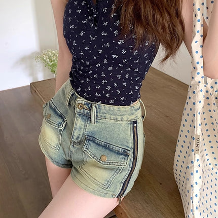 Summer Thin Retro Hip-Covering Zipper Workwear Denim Shorts for Women, Summer Petite Hot Girls Slimming Ultra-Short Hot Pants
