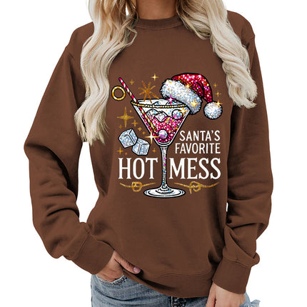 Amazon source hot mess wine glass printed round neck jacket sweater European size European and American women's coat long sleeve Asia