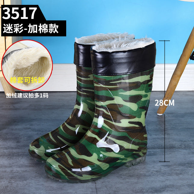 Military Rain Boots Camouflage Mid-Tube Non-Slip Waterproof Shoes Outdoor Fishing Rubber Shoes Overshoes Labor Warm Rain Boots Water Boots