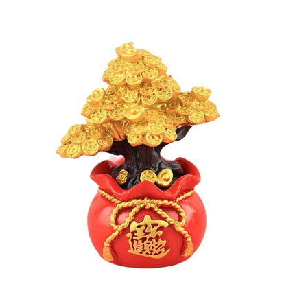 New Chinese-Style Festive Fortune Tree Resin Ornament for Office Desk, with Ingot and Lucky Bag, New Year Gift, Treasure Bowl
