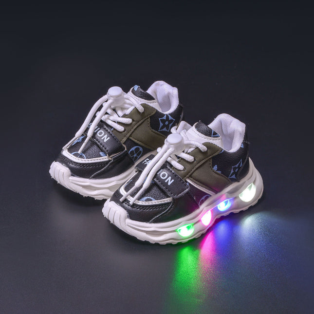 Spring and Autumn New Children's sneaker Leather Pattern LED Luminous Children's Shoes Children's 1-6 Years Old Men's and Women's Casual Shoes Trendy