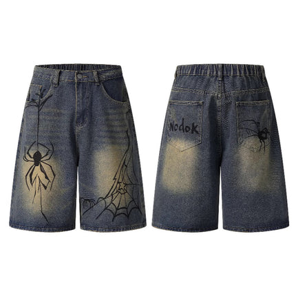 Cross-Border Popular Source | Hand-Painted Spider Denim Shorts Men's Summer Loose Retro Distressed Blue Straight-Leg Trousers