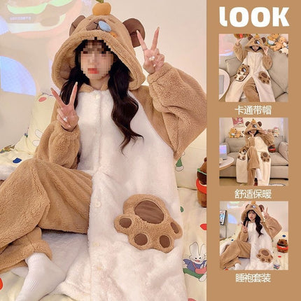 Autumn and Winter Coral Velvet Pajamas Cartoon Nightgown Set Capibala Women's Velvet Thickeneded Cold-Proof and Warm Home Clothes
