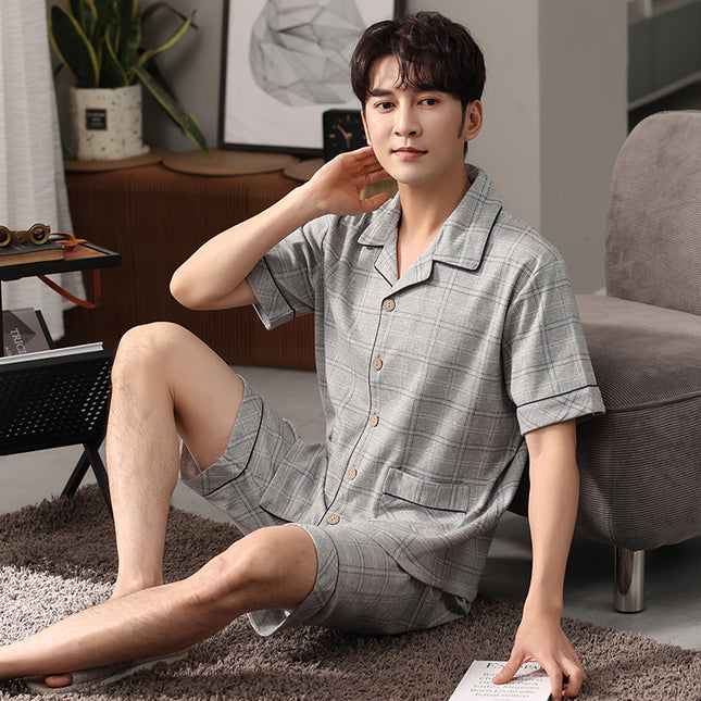 New Cotton Pajamas Men's Summer Short-sleeved Shorts Cardigan Lapel Home Clothes Summer Plus Size Loose Set