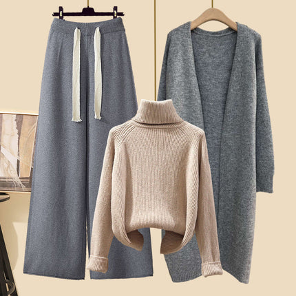 Autumn suit Women's 2024 New Korean Lazy Style Cardigan Jacket with Slim Sweater Wide Leg Pants Three-Piece Set