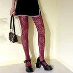 Large flowers-burgundy / Fishnet stockings-one size fits all