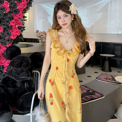 Summer French Style Dopamine Sweet Dress Dusk Rose Lace Yellow Floral Sling dress Fishtail Long Dress