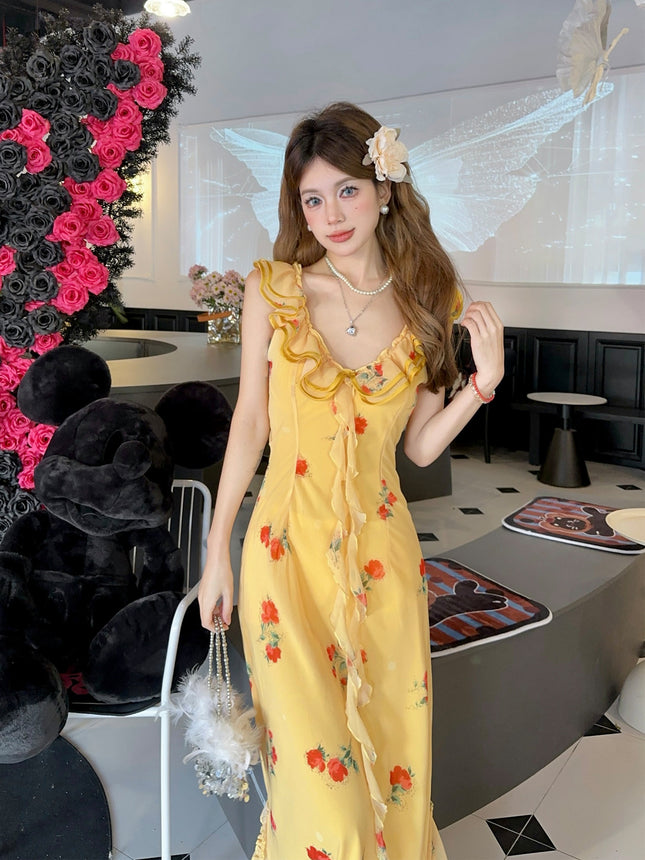 Summer French Style Dopamine Sweet Dress Dusk Rose Lace Yellow Floral Sling dress Fishtail Long Dress